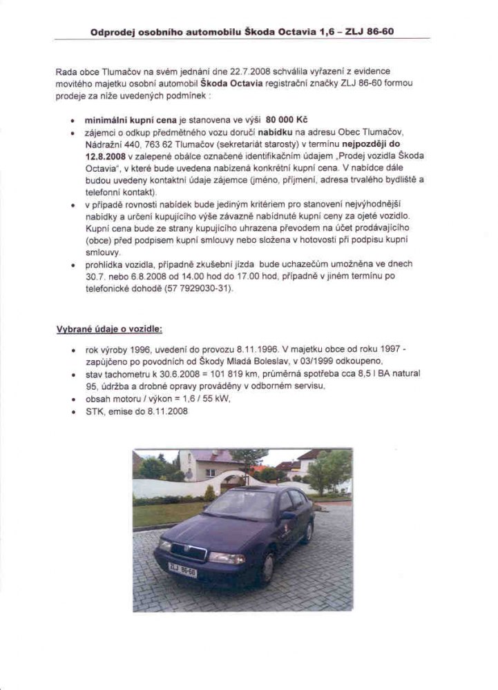 Informace k prodeji ojetého vozidla Škoda Octavia