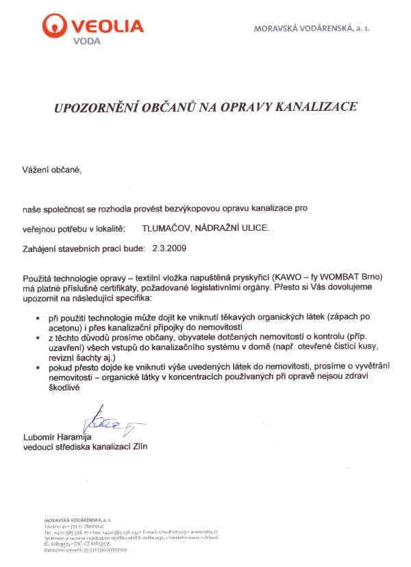 dopis od společnosti Moravská vodárenská - upozornění pro občany