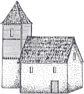 Situační pohled a rekonstrukce kostela sv. Martina z poloviny 13. století
se srubovou věžovitou zvonicí.